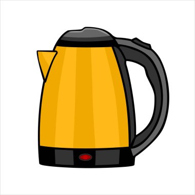 Elektrikli su ısıtıcısının düz tasarımı. Modern elektrikli su ısıtıcısı. Sarı plastikten yapılmış çaydanlık. Vektör illüstrasyonu beyaz arkaplanda izole edildi.
