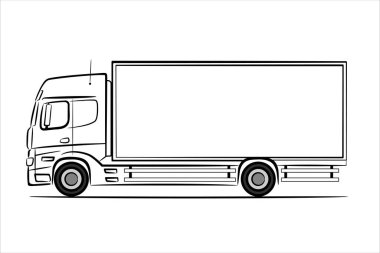 Kamyon vagonunun çizgisel çizimi. Çizim kamyonu, yan görüş. Kısa mesafelerde şehir kargo taşımacılığı. Modern düz vektör çizimi. Beyaz arkaplanda Lorry soyut silueti.