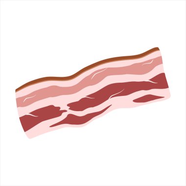 Çiğ tütsülenmiş pastırma, çizgili göğüs eti dilimleri. Beyaz arka planda izole edilmiş domuz pastırması şeritleri. Taze ince dilimlenmiş pastırma. Çizgi film Vektör İllüstrasyonu