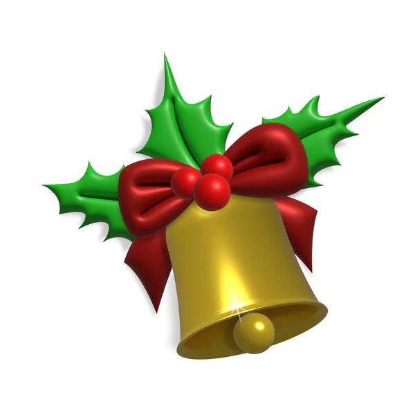 Illustrated decorative element of the Christmas bell, Christmas holly and red ribbon.