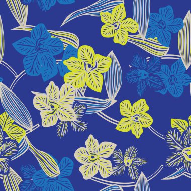 Mavi Botanik Çiçeksiz Moda tekstil, grafik, arka plan ve el sanatları için desensiz dizayn