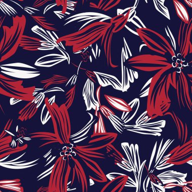 Moda tekstil, grafik, arka plan ve el sanatları için kırmızı botanik desensiz desen tasarımı