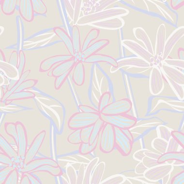 Tarafsız Renkli Botanik Çiçeksiz Moda Tekstil, grafik, arka plan ve el sanatları tasarımı