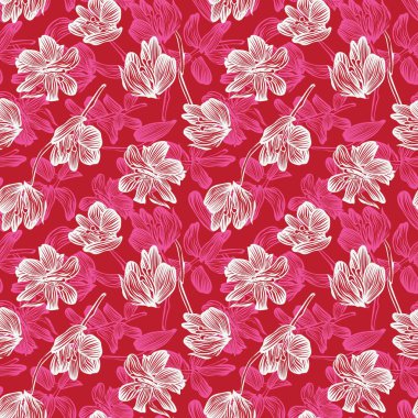 Moda tekstil, grafik, arka plan ve el sanatları için kırmızı botanik desensiz desen tasarımı