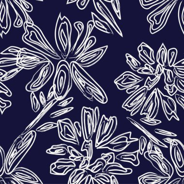 Moda tekstil, grafik, arka plan ve el sanatları için tek renkli soyut çizgi çiçek desensiz desen tasarımı