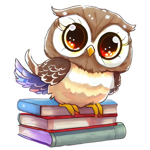 Wise owl reading book. School, kindergarten education. Children study. Creativity and imagination.