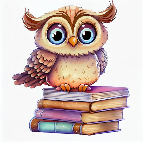 Wise owl reading book. School, kindergarten education. Children study. Creativity and imagination.