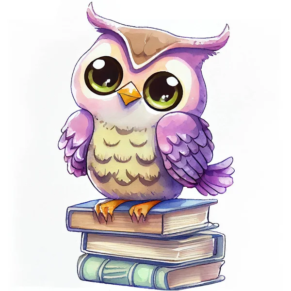 Wise owl reading book. School, kindergarten education. Children study. Creativity and imagination.