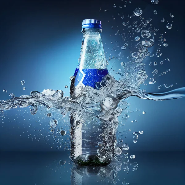 Transparent realistic bottle with water splash on blue background. Refreshing drink