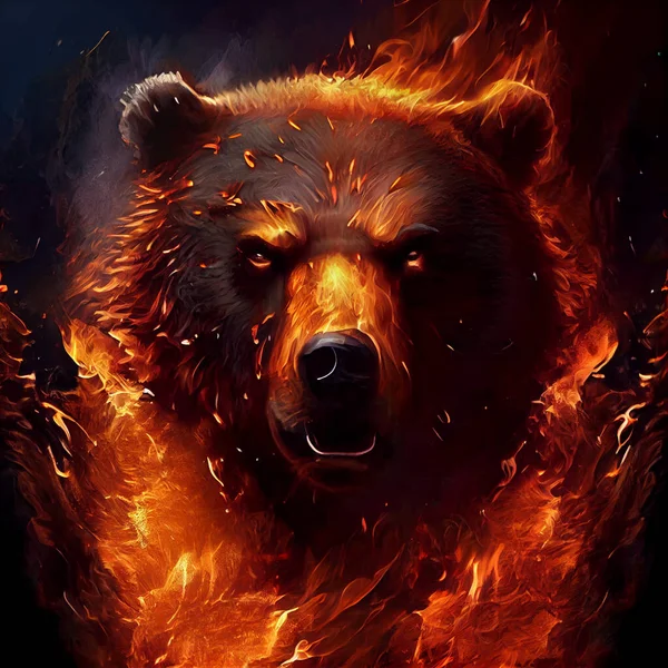 Burning flame, angry bear, head of the animal