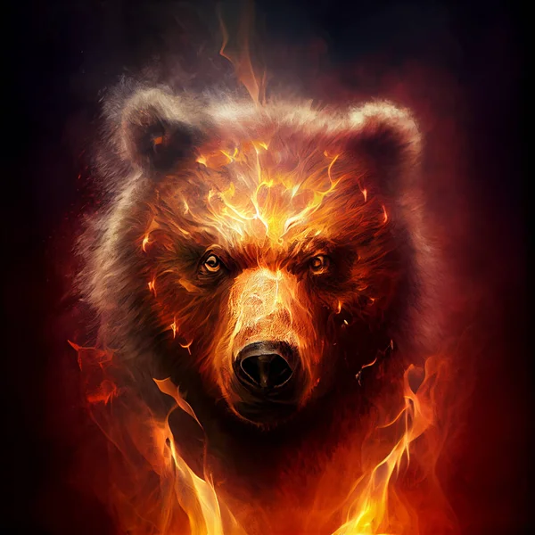 Burning flame, angry bear, head of the animal