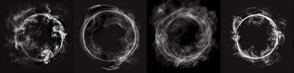 Smoke rings. Abstract realistic vape round symbol. Steam frame after cigarette, pipe or hookah smoking. Puffing, realistic fog flowing in round border.