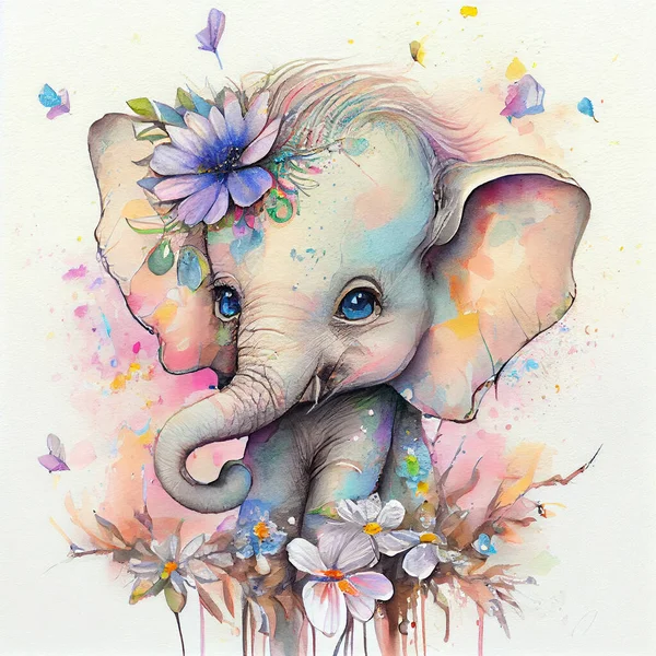 Cute baby elephant watercolor illustration. Isolated on white background. African baby animal for baby shower, nursery decorations, birthday invitations, postera, greeting card, fabric.