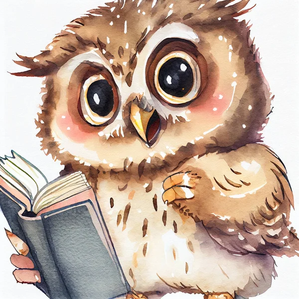 Back to school owl. Cute kawaii owl reading book. Kindergarten imagination, creativity
