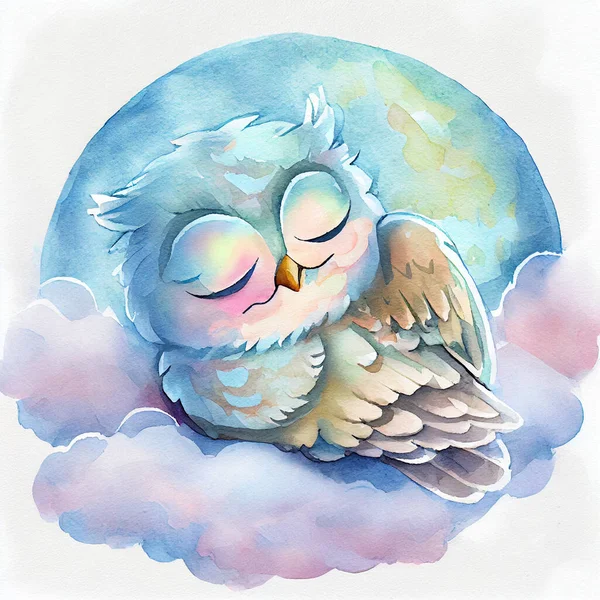 Sleeping cute owl in a hood on a blue background.