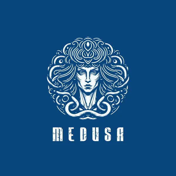 Negative Stamp Circle Character Medusa Logo Design Vector Illustration Template — Stock Vector