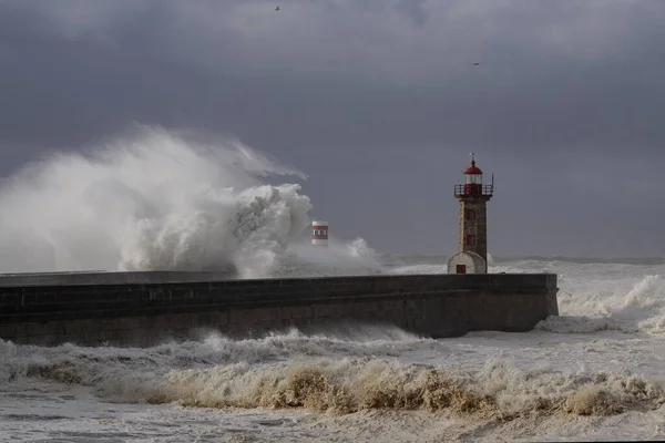 Douro river mouth during winter storm, Porto, north of Portugal.