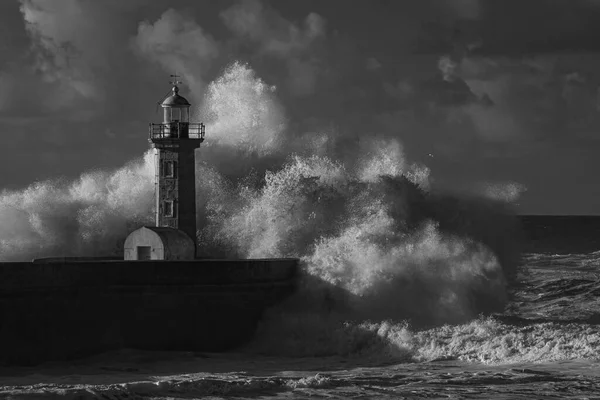 stock image Stormy wave splash. Douro river mouth, Porto, Portugal. Used infrared filter.