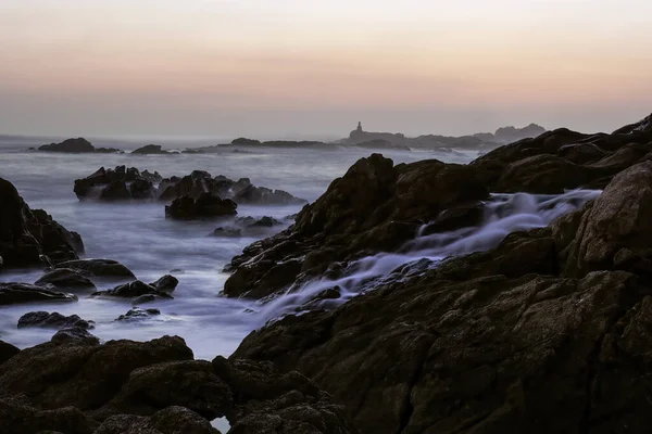 Northern Portuguese Rocky Beach Sunset Dusk Long Exposure — Stock Photo, Image