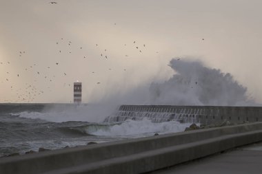 Douro nehri ağzı güney iskelesi ve alacakaranlıkta şiddetli fırtına altında fener.