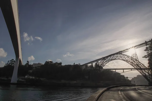 Ampia Vista Sul Fiume Douro Quattro Ponti Porto Retroilluminato — Foto Stock