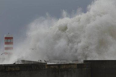 Douro nehri ağzı güney iskele ve fener altında şiddetli fırtına altında Büyük çarpan dalgalardan gelen büyük sıçrama ve rüzgar spreyleri, Porto, Portekiz
