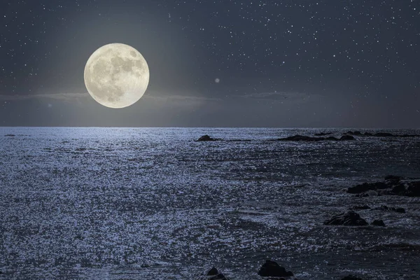 Βραχώδης Θαλασσογραφία Μια Όμορφη Νύχτα Πανσελήνου — Φωτογραφία Αρχείου