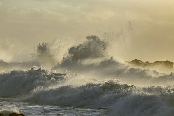 Смертельне Море Ламає Хвилі Бризками Заході Сонця Північне Португальське Скелясте — стокове фото