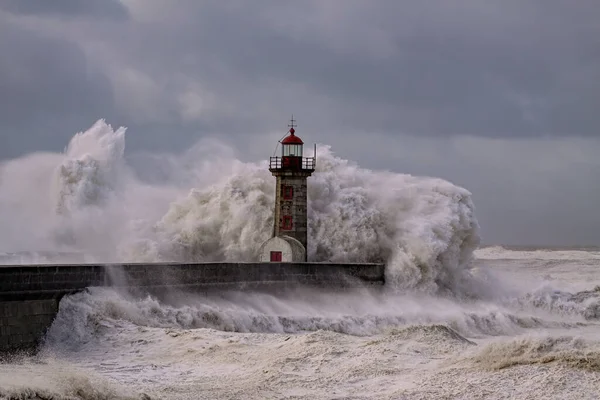 Storm Old River Mouth Lighthouse North Portugal — Stock Photo, Image
