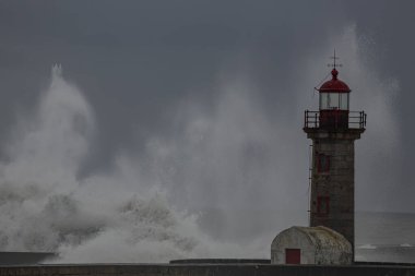 Büyük fırtınalı dalga sıçraması. Kuzey Portekiz.
