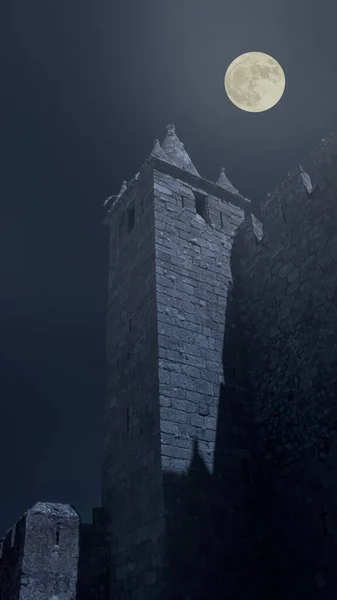 Torre Medievale Del Castello Una Notte Luna Piena — Foto Stock