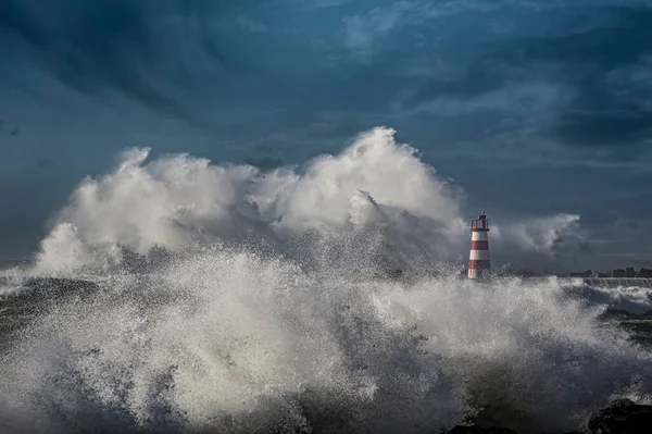 Hafeneinfahrt Von Povoa Varzim Während Des Sturms Norden Portugals — Stockfoto