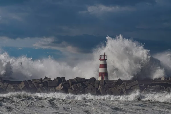 Povoa Varzim Přístav Vstup Během Bouře Severně Portugalska — Stock fotografie