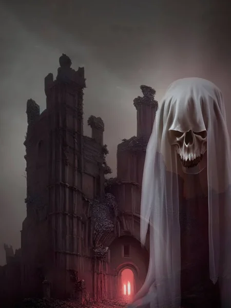 Dark and creepy halloween background with ruin of a castle and a spooky ghost
