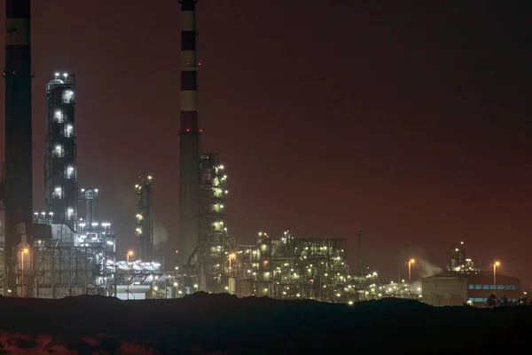 Panorama Parte Una Grande Raffineria Notte — Foto Stock