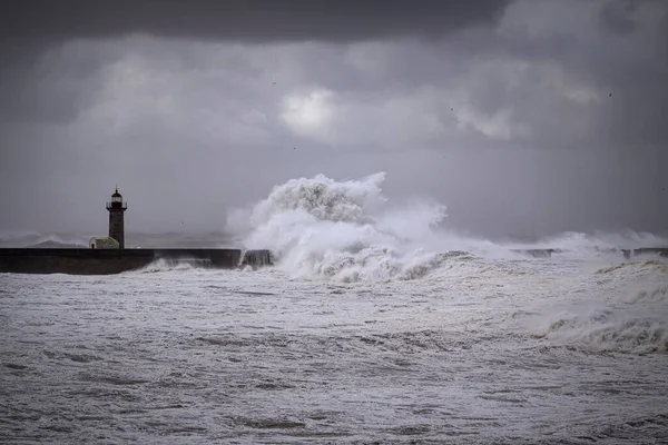 Cyclone Sur Côte Nord Portugal Voir Phare Jetée — Photo