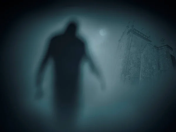 Жуткий Призрак Кладбища Таинственной Туманной Ночи Полнолуния — стоковое фото
