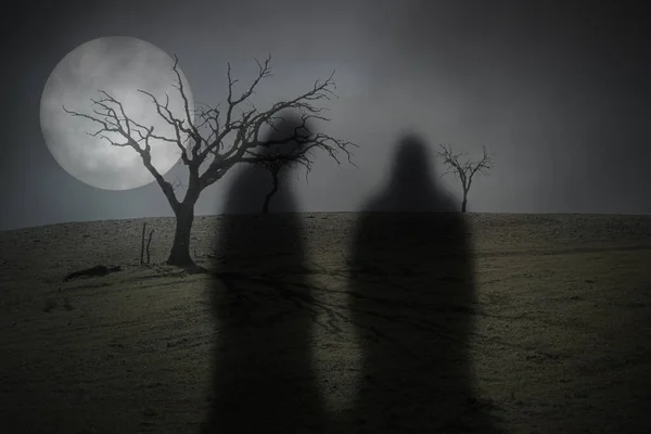 黑暗的鬼魂在满月和光秃秃的树上 — 图库照片