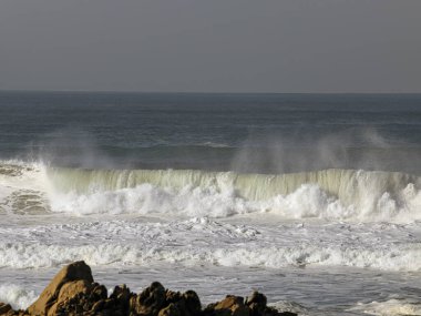 Güzel yeşil deniz dalgası. Sonbaharın sonlarında kuzey Portekiz kışı.