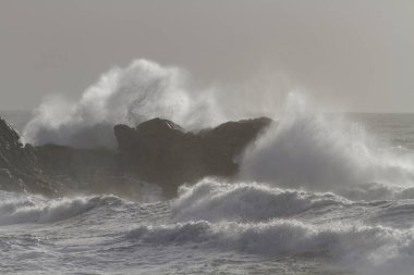 Deniz dalgası sıçraması. Kuzey Portekiz kayalık kıyıları. Kış akşamı ışığı.