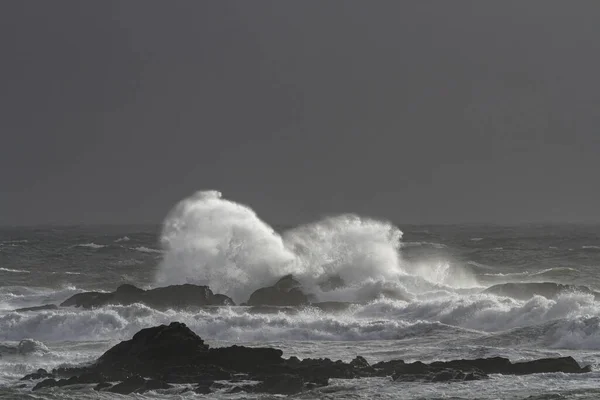 Всплеск Морской Волны Северное Португальское Побережье Зимний Вечер — стоковое фото