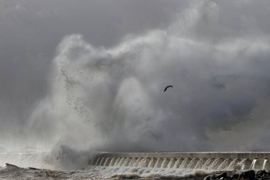 Portekiz 'in kuzeyinde, Douro Nehri' nin ağzındaki iskele ve fenerde fırtına var.
