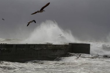 Portekiz 'in kuzeyinde, Douro Nehri' nin ağzındaki iskele ve fenerde fırtına var.