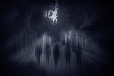 eski bir Avrupa mezarlık ana sokakta sisli dolunay gecesi geçen hayalet