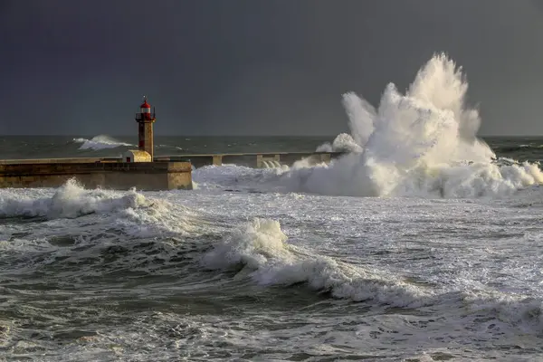 April Portugal Storm Waves Beacon Lighthouse Harbor River Douro Porto Royalty Free Stock Images