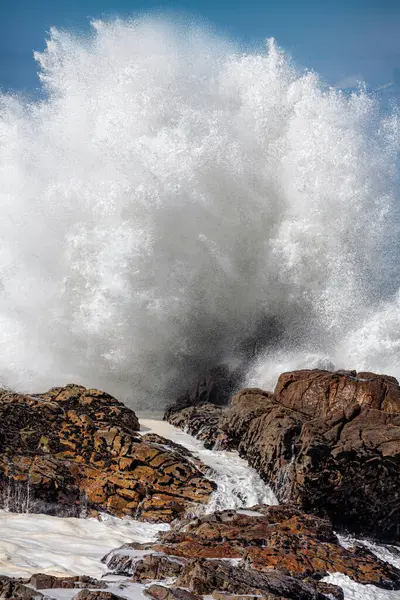 Big Ocean Wave Splash Stormy Sunny Day Northern Portuguese Rocky 스톡 사진
