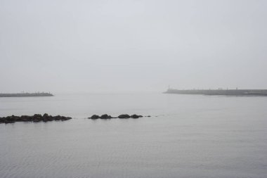Nehir ağzı, iyi bir balık tutma noktası. Sisli bir sabahta Kuzey Portekiz kıyıları.