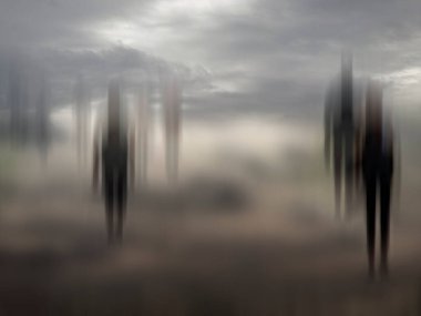 Mysterious blurred people walking in a cloudy background clipart