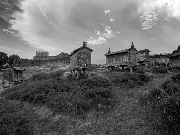 Stock image Espigueiros, granite corn dryers, and Lindoso medieval castle, north of Portugal. Converted black and white.