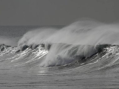 Deniz dalgalarını rüzgar spreyiyle kapatıyoruz. Kuzey Portekiz kıyıları.